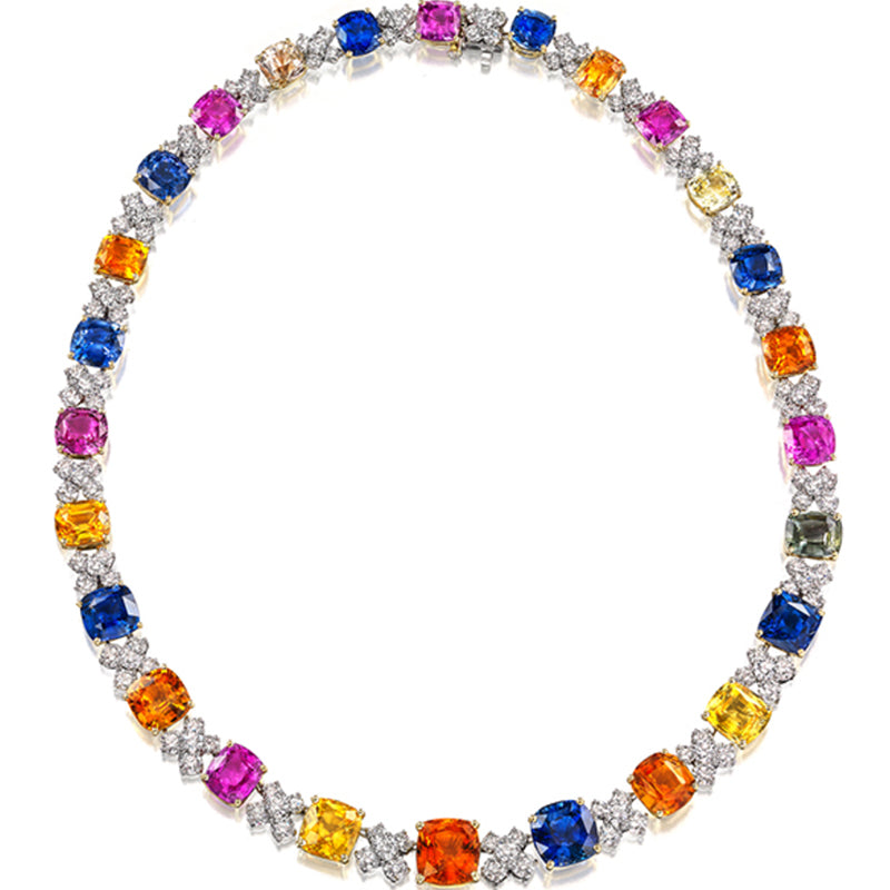 Oscar Heyman Gold Platinum Multi Color Sapphire Diamond Necklace