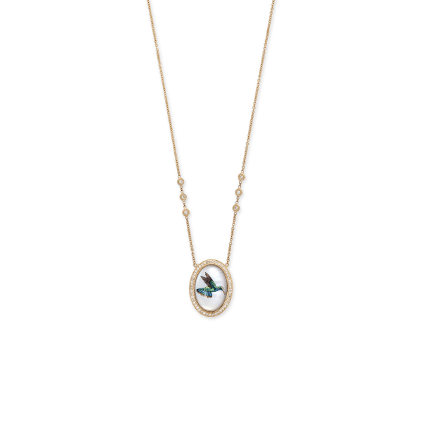 Jacquie Aiche 14K Yellow Gold Mother of Pearl Painted Hummingbird Necklace - 2305098
