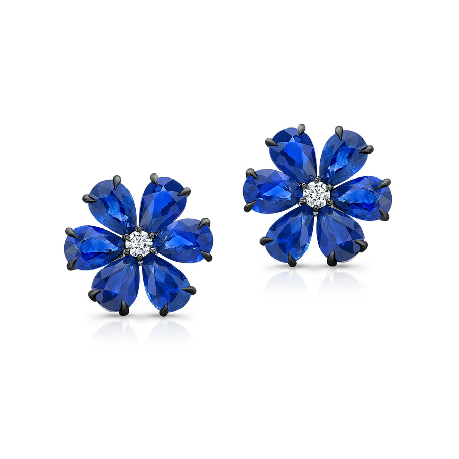Rahaminov 18K White Gold 8.80ctw Blue Sapphire Flower Stud Earrings - CS-1454
