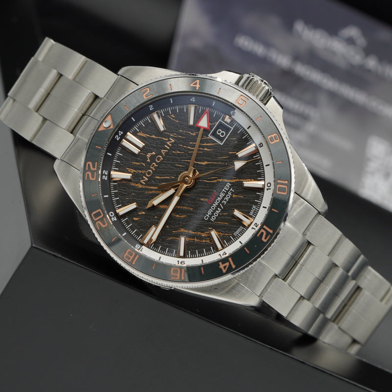SOLD - 2/21/24 - Norqain Neverest Glacier GMT NN1100SC3CG Grey & Gold 41mm Steel B&P 2023