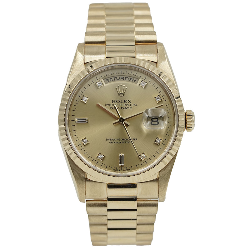 SOLD - 1/25/25 - Rolex President Day-Date 18238 18k Yellow Gold Diamond Markers Circa 1996 w. Box