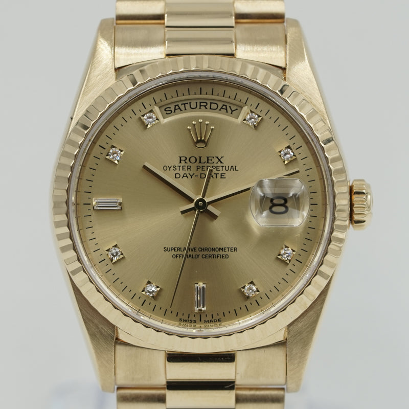 SOLD - 1/25/25 - Rolex President Day-Date 18238 18k Yellow Gold Diamond Markers Circa 1996 w. Box