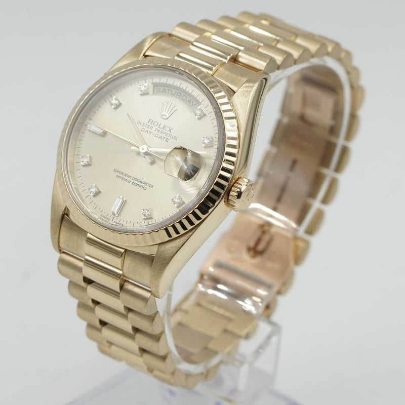 SOLD - 1/25/25 - Rolex President Day-Date 18238 18k Yellow Gold Diamond Markers Circa 1996 w. Box