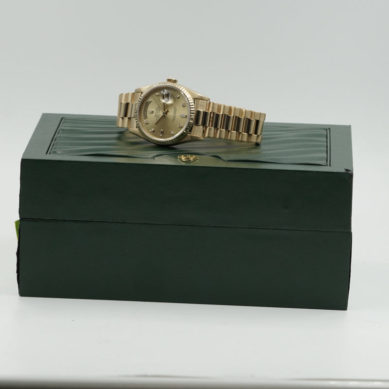 SOLD - 1/25/25 - Rolex President Day-Date 18238 18k Yellow Gold Diamond Markers Circa 1996 w. Box