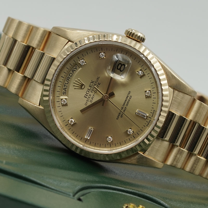 SOLD - 1/25/25 - Rolex President Day-Date 18238 18k Yellow Gold Diamond Markers Circa 1996 w. Box
