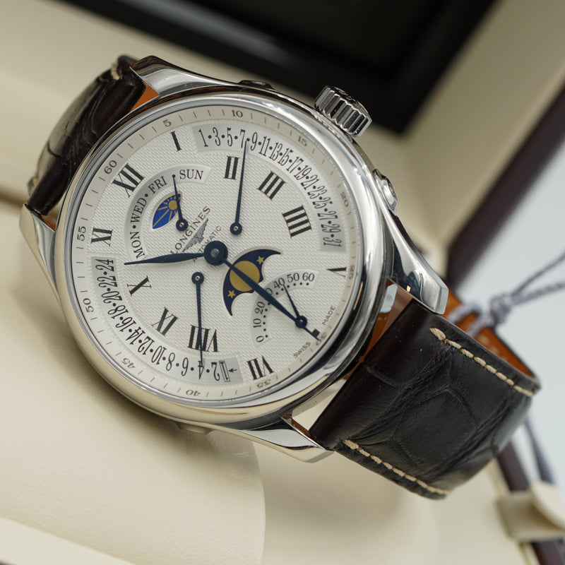 SOLD - 4/10/24 - Longines Retrograde L2.739.4.71.3 44mm Master Collection Moonphase Box & Book