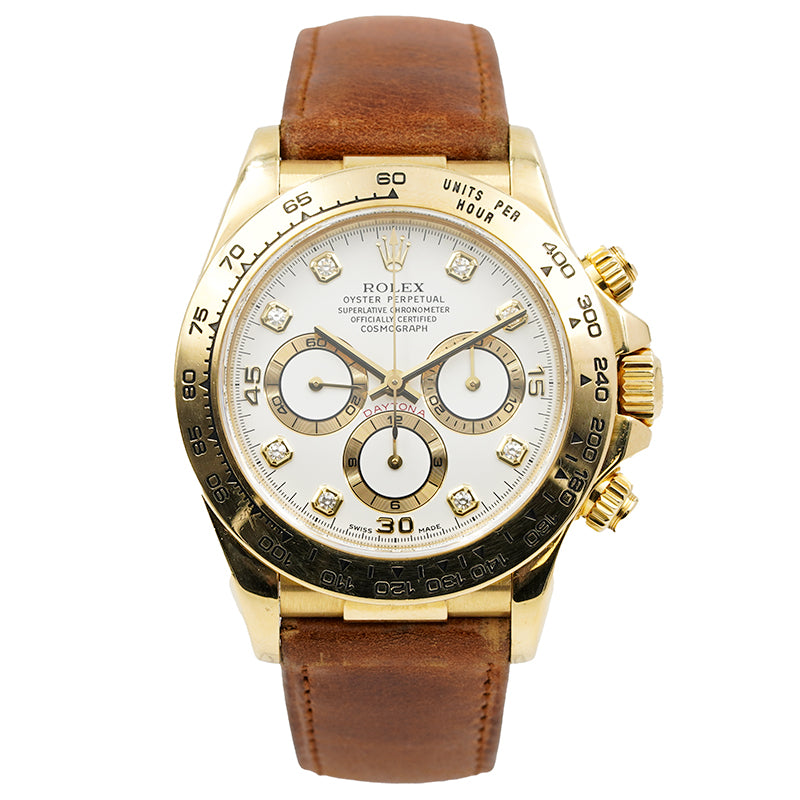 SOLD - 9/4/24 - Rolex Daytona 16518 18K Yellow Gold Diamond Dial Brown Leather Strap