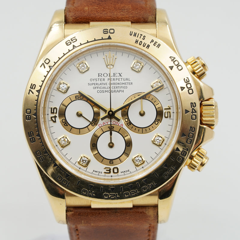 SOLD - 9/4/24 - Rolex Daytona 16518 18K Yellow Gold Diamond Dial Brown Leather Strap