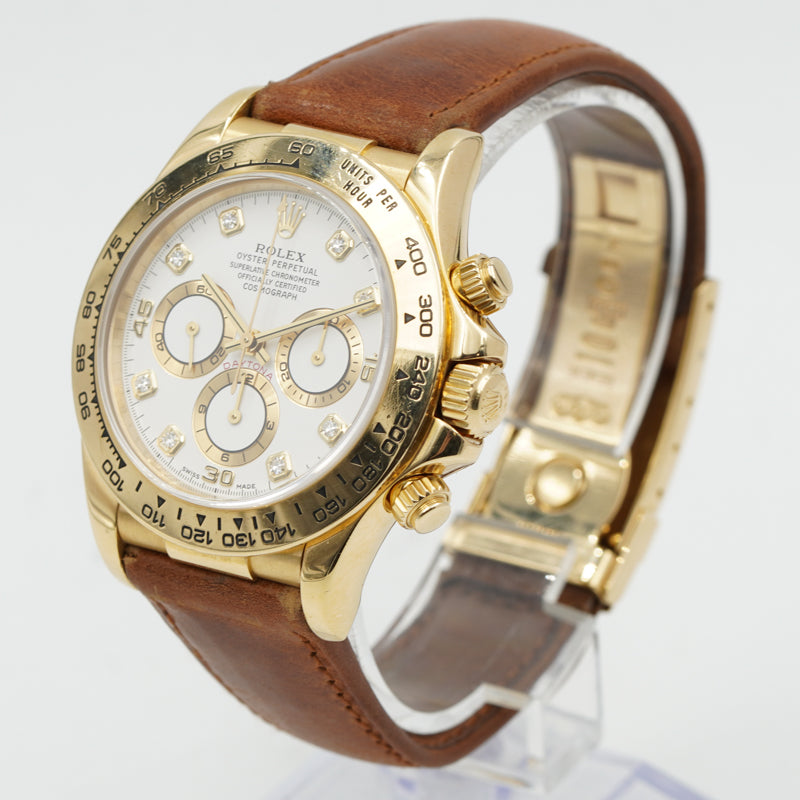 SOLD - 9/4/24 - Rolex Daytona 16518 18K Yellow Gold Diamond Dial Brown Leather Strap