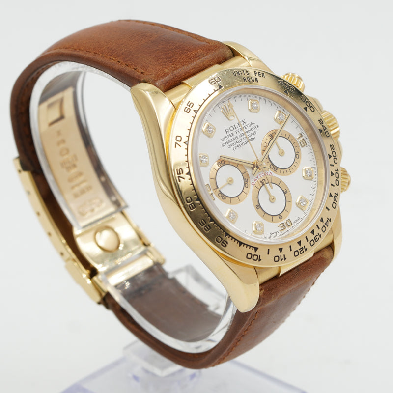 SOLD - 9/4/24 - Rolex Daytona 16518 18K Yellow Gold Diamond Dial Brown Leather Strap