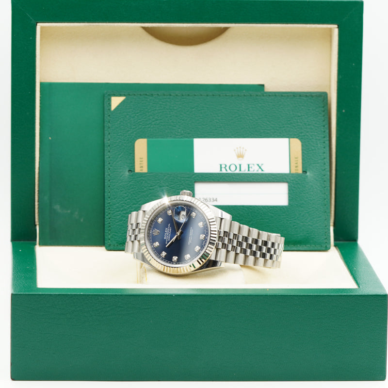 SOLD - 9/21/24 - Rolex Datejust 126334 Blue Dial Diamond Indices 41mm Fluted Bezel B&P 2018