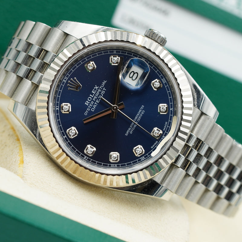 SOLD - 9/21/24 - Rolex Datejust 126334 Blue Dial Diamond Indices 41mm Fluted Bezel B&P 2018
