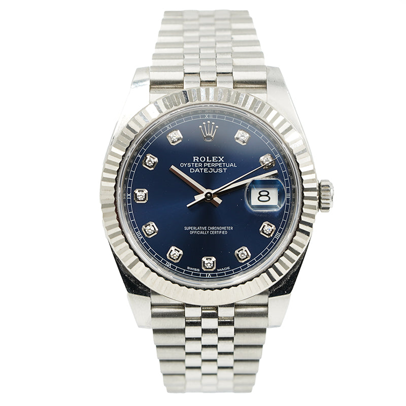 SOLD - 9/21/24 - Rolex Datejust 126334 Blue Dial Diamond Indices 41mm Fluted Bezel B&P 2018