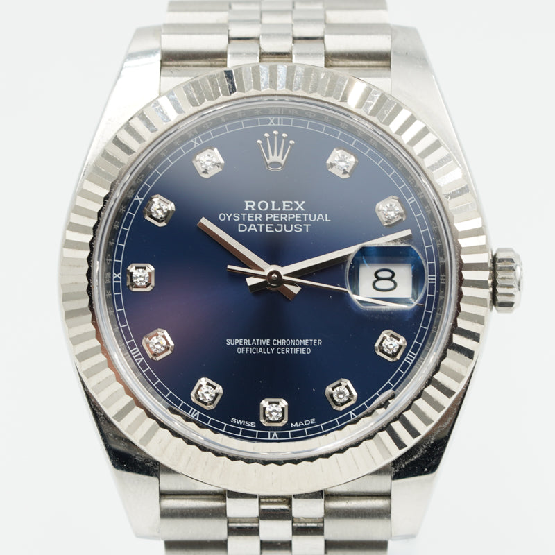 SOLD - 9/21/24 - Rolex Datejust 126334 Blue Dial Diamond Indices 41mm Fluted Bezel B&P 2018