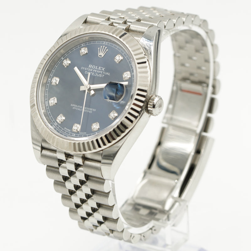 SOLD - 9/21/24 - Rolex Datejust 126334 Blue Dial Diamond Indices 41mm Fluted Bezel B&P 2018