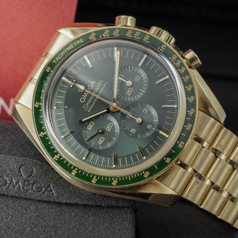 SOLD - 1/31/25 - Omega Speedmaster Moonshine Gold 18k Green 310.60.42.50.10.001 42mm B&P 2023