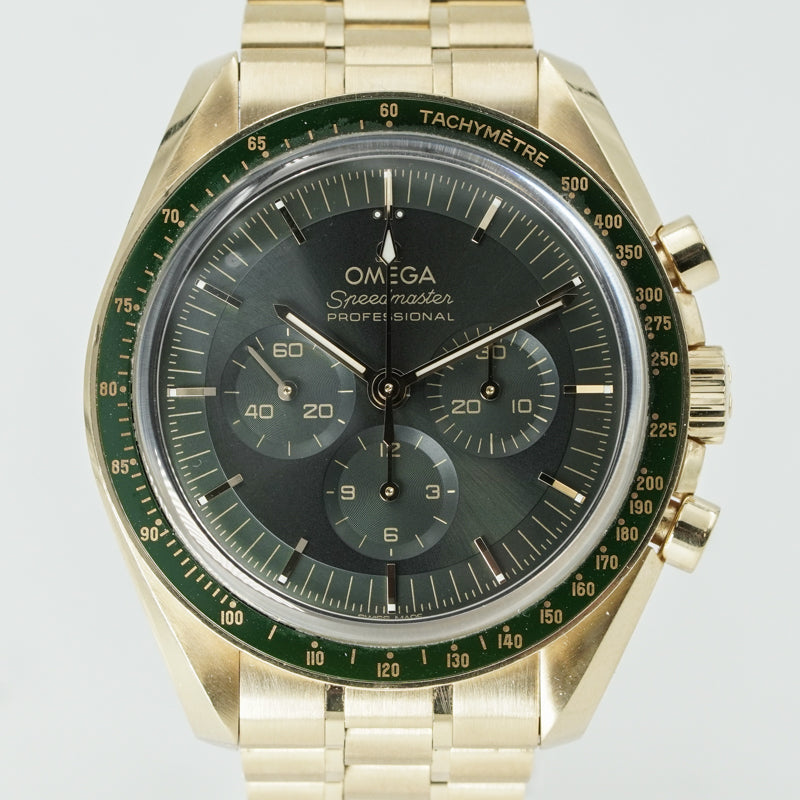SOLD - 1/31/25 - Omega Speedmaster Moonshine Gold 18k Green 310.60.42.50.10.001 42mm B&P 2023
