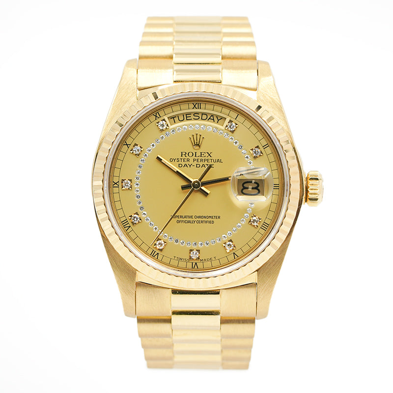 SOLD - 10/2/23 - Rolex Day-Date President 18038 Diamond Dial Yellow Gold 36mm 78