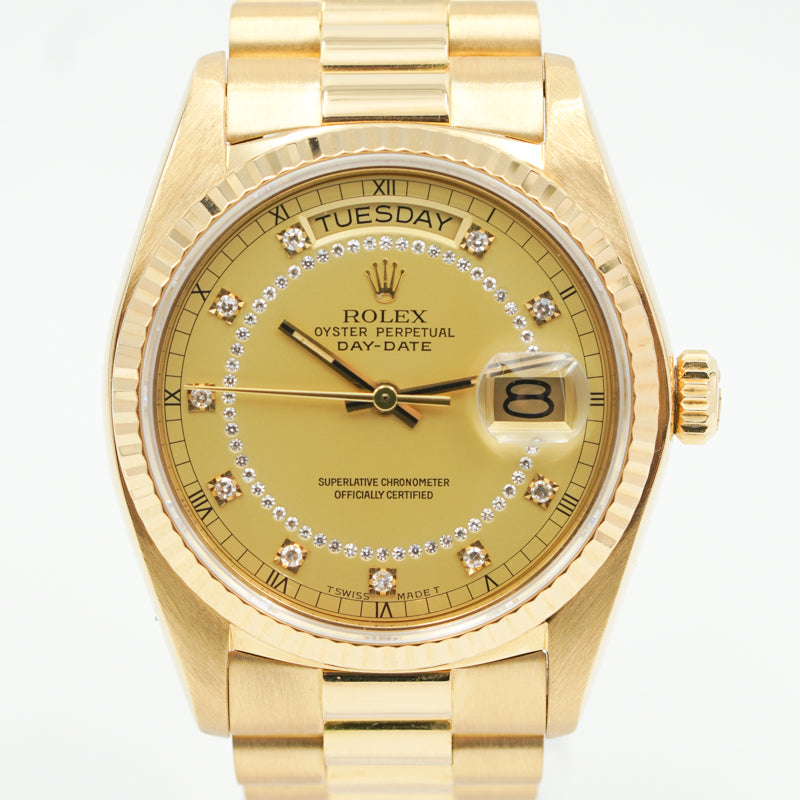 SOLD - 10/2/23 - Rolex Day-Date President 18038 Diamond Dial Yellow Gold 36mm 78