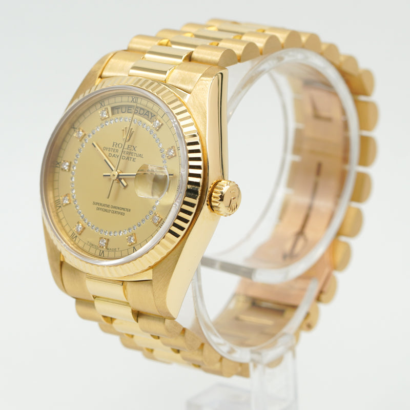 SOLD - 10/2/23 - Rolex Day-Date President 18038 Diamond Dial Yellow Gold 36mm 78