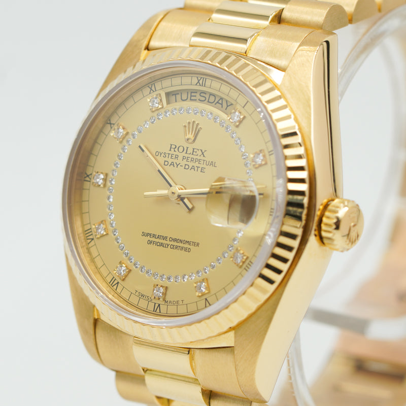 SOLD - 10/2/23 - Rolex Day-Date President 18038 Diamond Dial Yellow Gold 36mm 78