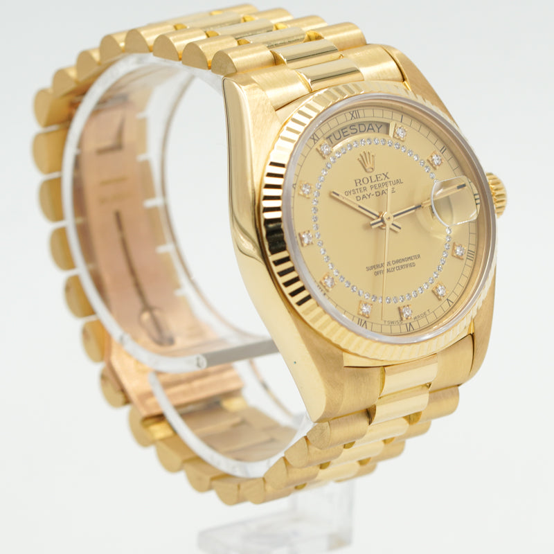 SOLD - 10/2/23 - Rolex Day-Date President 18038 Diamond Dial Yellow Gold 36mm 78