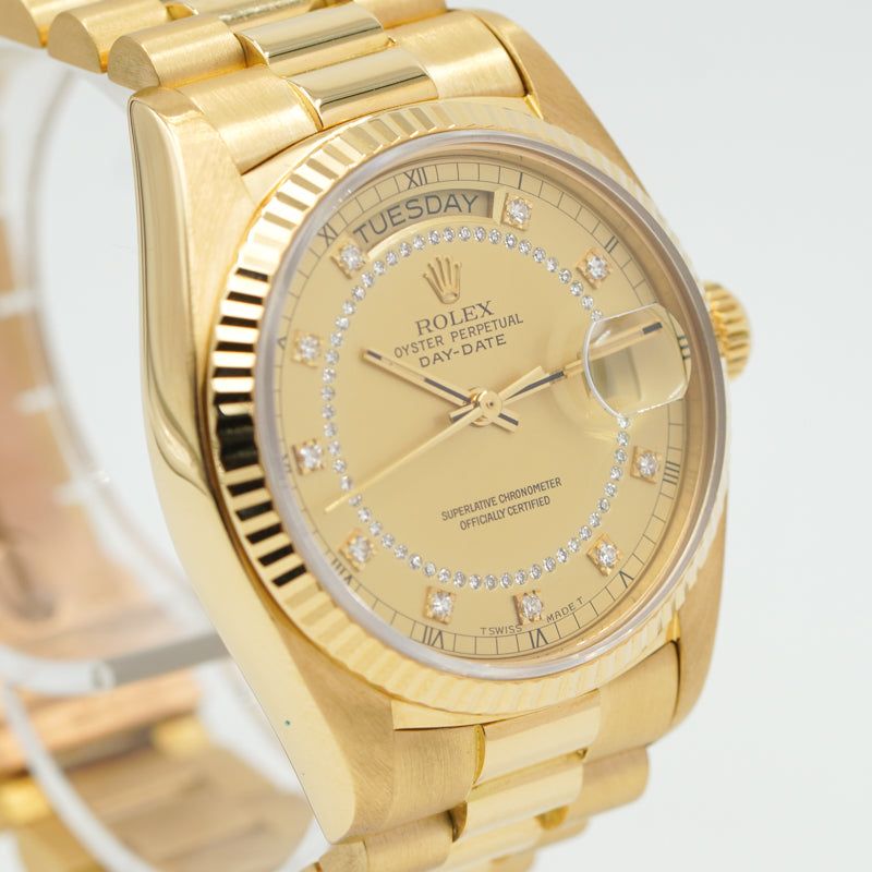 SOLD - 10/2/23 - Rolex Day-Date President 18038 Diamond Dial Yellow Gold 36mm 78