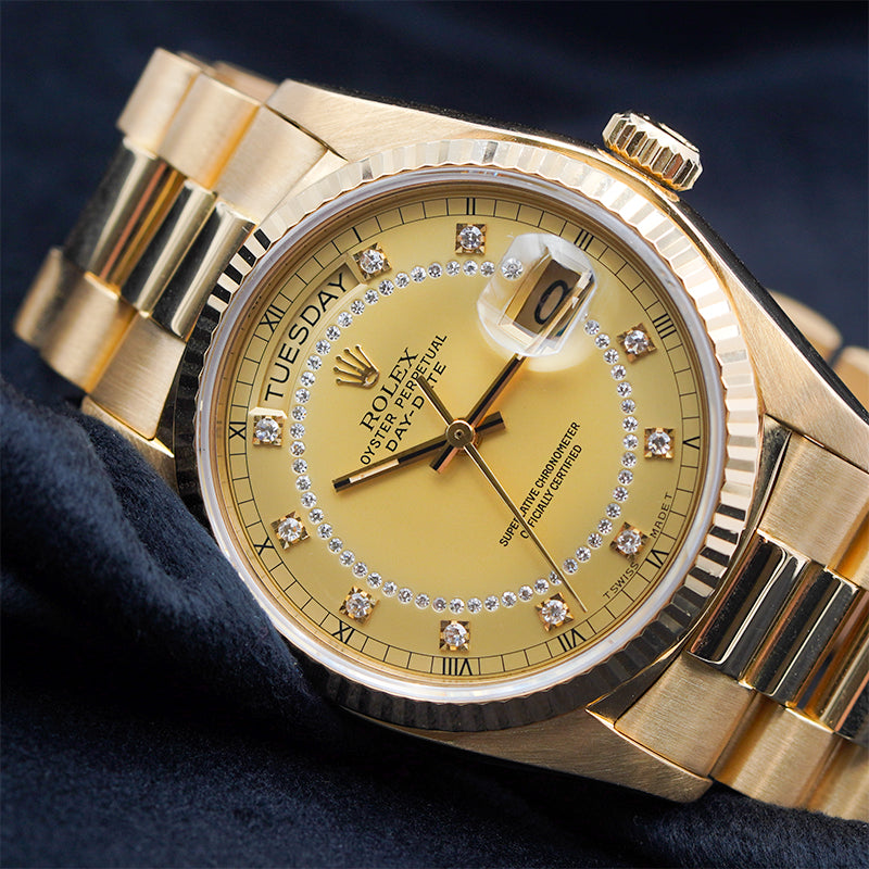 SOLD - 10/2/23 - Rolex Day-Date President 18038 Diamond Dial Yellow Gold 36mm 78