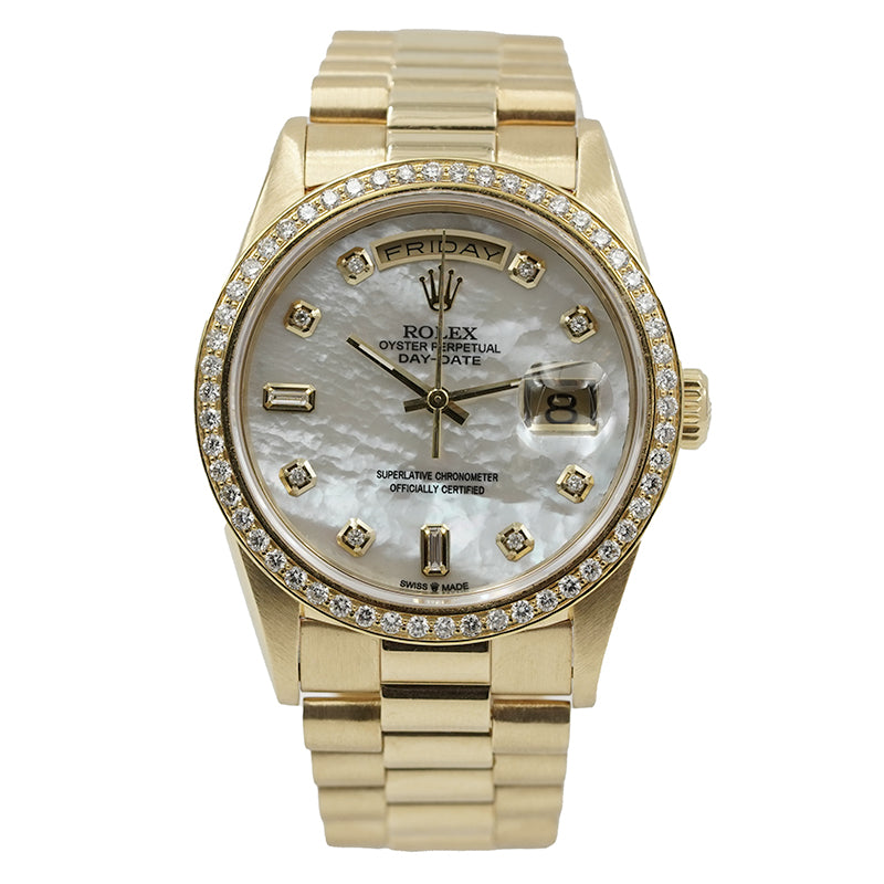 SOLD - 12/9/24 - Rolex Day-Date President 18038 MOP Dial Diamond Bezel 18K 1989 w. Box