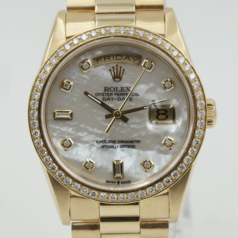 SOLD - 12/9/24 - Rolex Day-Date President 18038 MOP Dial Diamond Bezel 18K 1989 w. Box