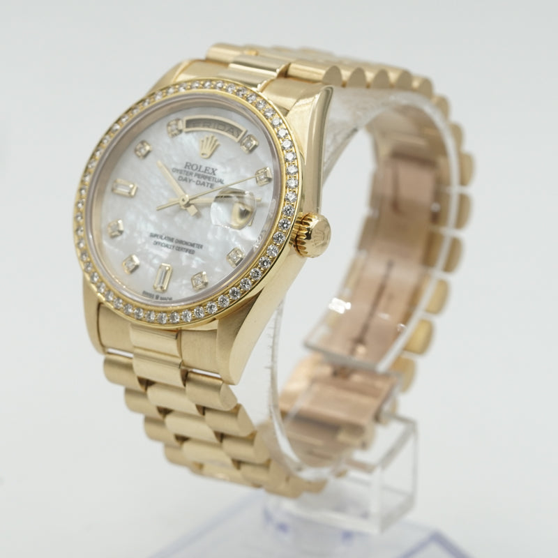 SOLD - 12/9/24 - Rolex Day-Date President 18038 MOP Dial Diamond Bezel 18K 1989 w. Box