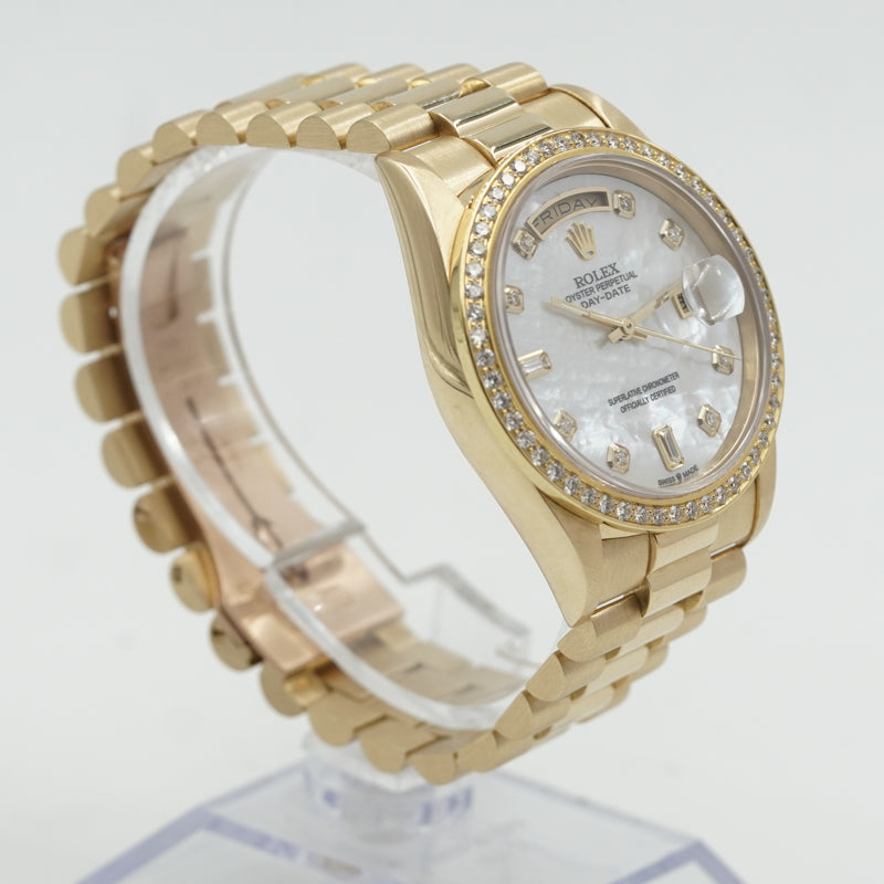SOLD - 12/9/24 - Rolex Day-Date President 18038 MOP Dial Diamond Bezel 18K 1989 w. Box