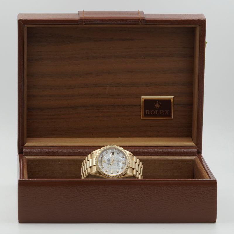 SOLD - 12/9/24 - Rolex Day-Date President 18038 MOP Dial Diamond Bezel 18K 1989 w. Box