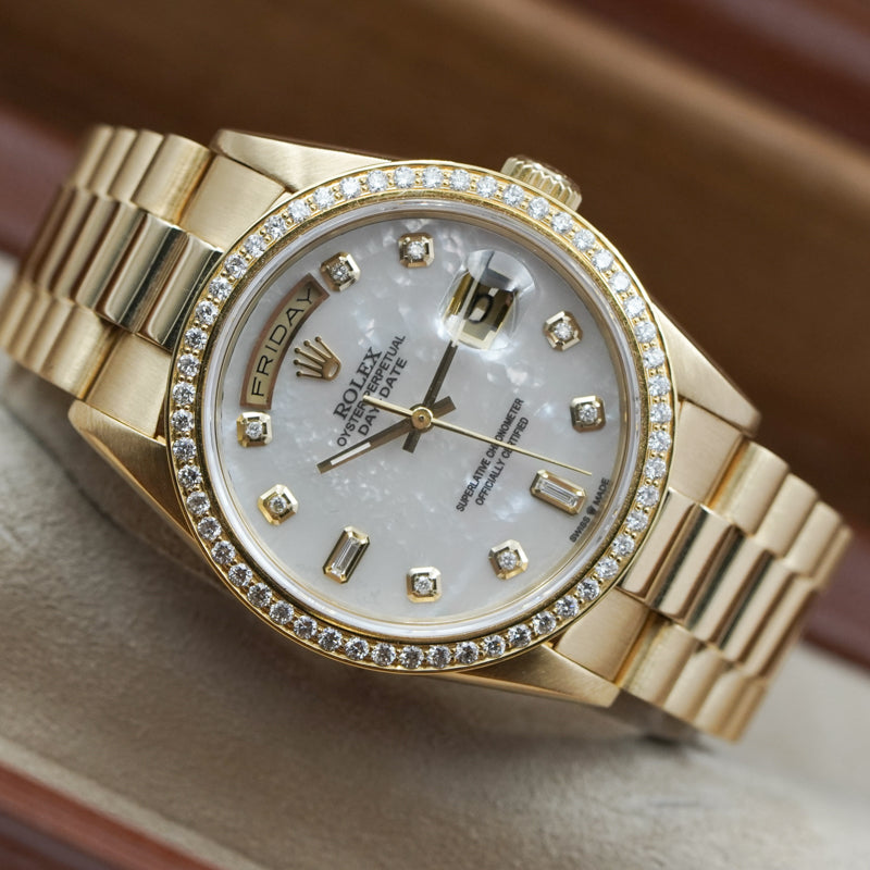 SOLD - 12/9/24 - Rolex Day-Date President 18038 MOP Dial Diamond Bezel 18K 1989 w. Box