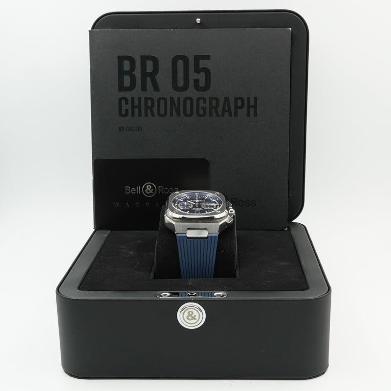 SOLD - Bell & Ross BR05C-BU-ST/SRB Blue Chronograph B&P '22 on Rubber