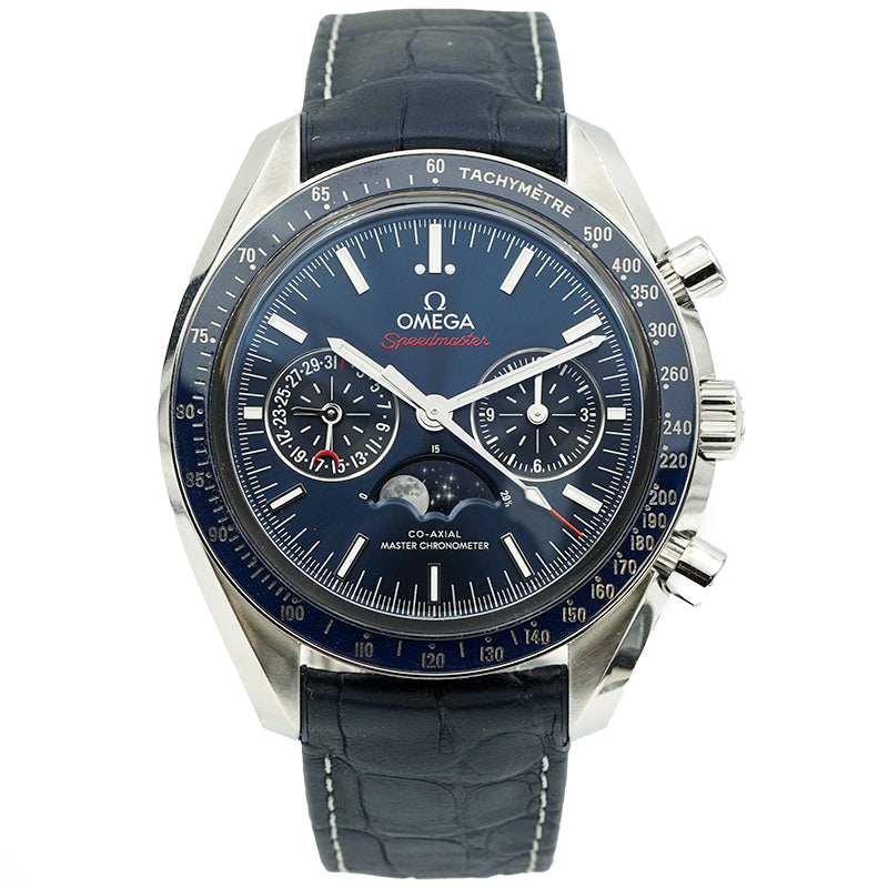 SOLD - 1/15/24 - Omega Speedmaster Moonphase Blue Dial 304.34.45..02.03.001 Chronograph '23 B&P