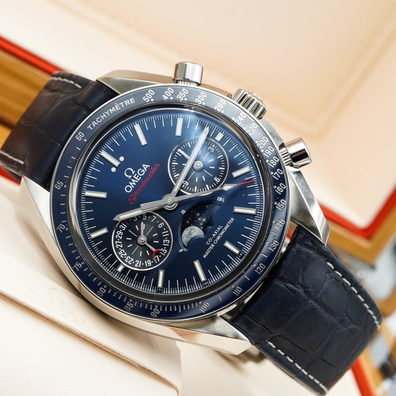 SOLD - 1/15/24 - Omega Speedmaster Moonphase Blue Dial 304.34.45..02.03.001 Chronograph '23 B&P