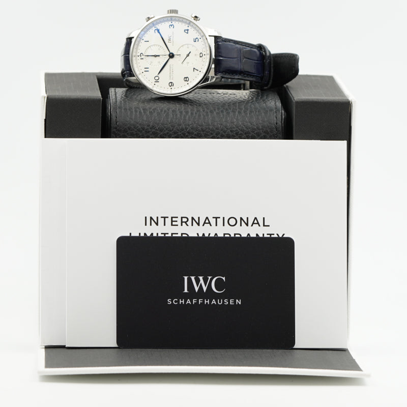 SOLD - 02/22/24 - IWC Portugieser Chronograph Silver Dial Blue Hands 2022 B&P IW371605