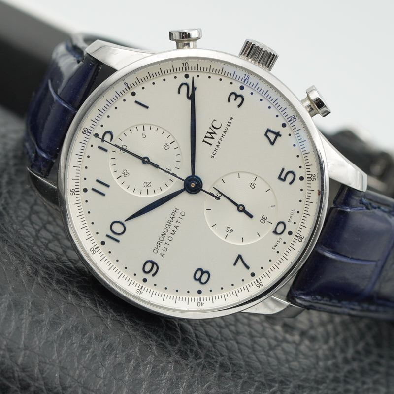 SOLD - 02/22/24 - IWC Portugieser Chronograph Silver Dial Blue Hands 2022 B&P IW371605
