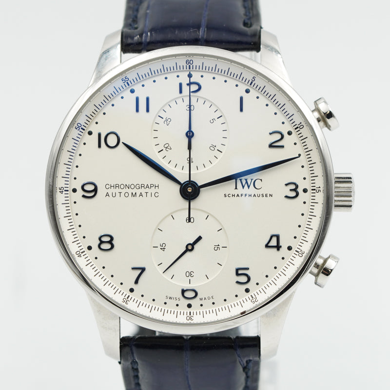 SOLD - 02/22/24 - IWC Portugieser Chronograph Silver Dial Blue Hands 2022 B&P IW371605