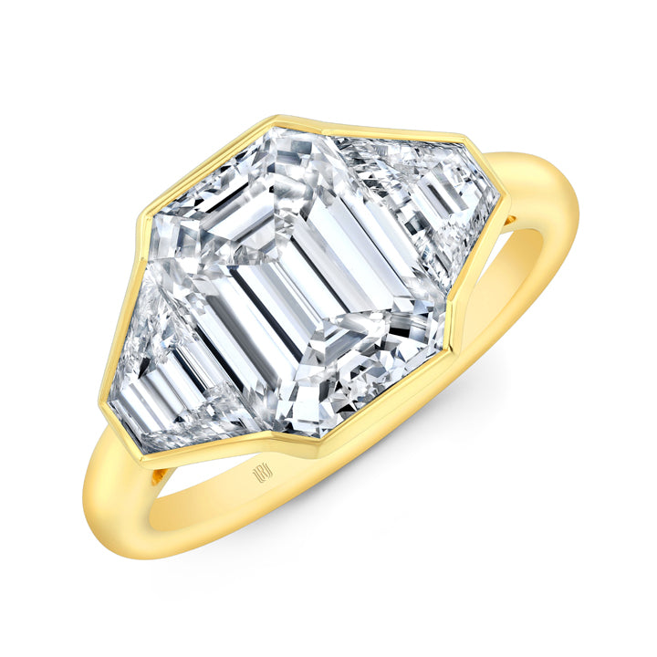 Rahaminov 18K Yellow Gold 3.00ct Emerald Cut Three-Stone Bezel Set Engagement Ring - FL-4018