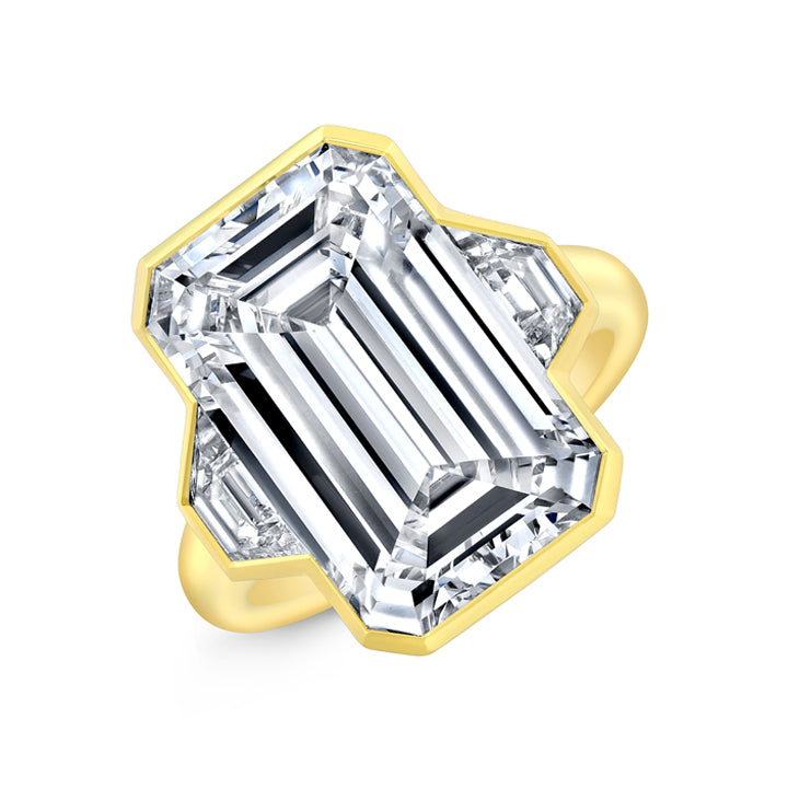 Rahaminov 18K Yellow Gold 10.00ct Emerald Cut Three-Stone Bezel Set Engagement Ring - FL-4035