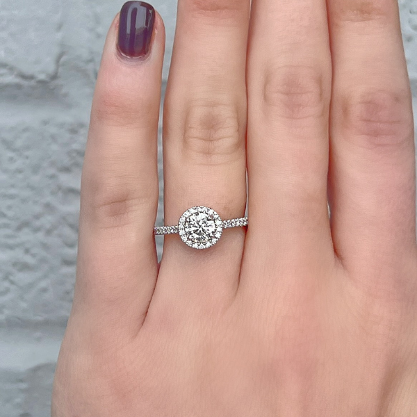 14K White Gold 0.70ct Round Brilliant Diamond Halo Complete Engagement Ring - 011266