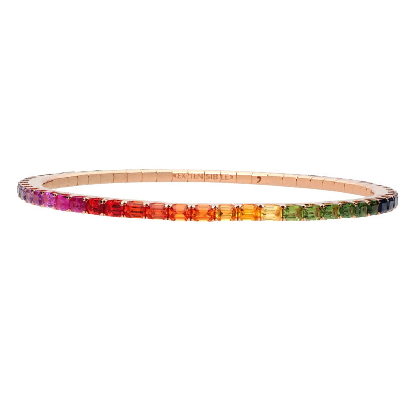 Extensible 18KY 6.37ctw Rainbow Sapphire Emerald Cut Stretch Bracelet - BTE10SRBW