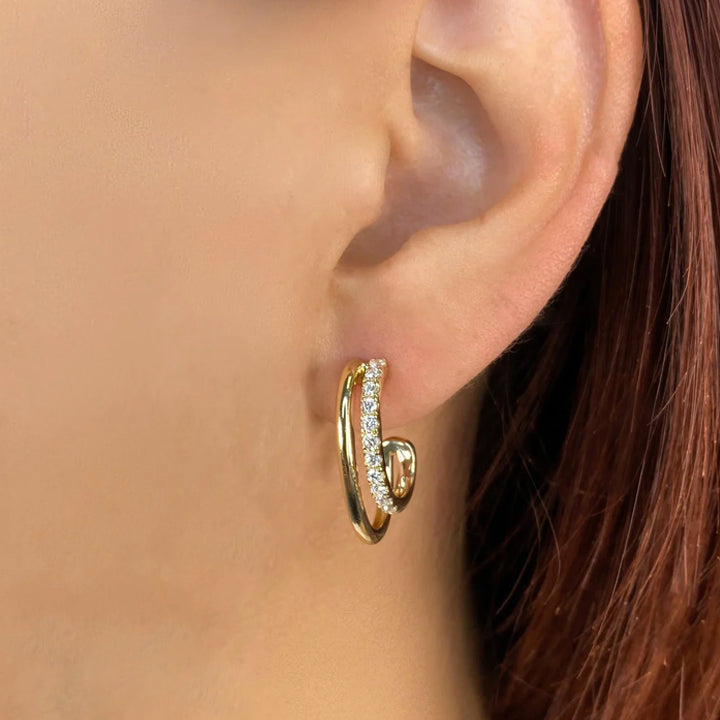 14K Yellow Gold Diamond Double Hoop Earrings - SC55024971