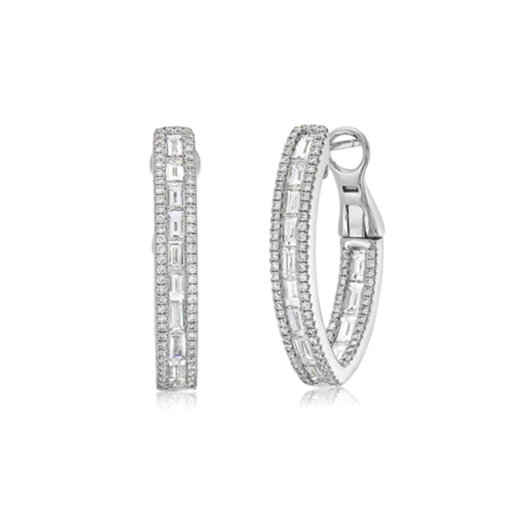 Charles Krypell 18K White Gold Baguette Diamond Hoop Earrings- 1-9466-WBGD