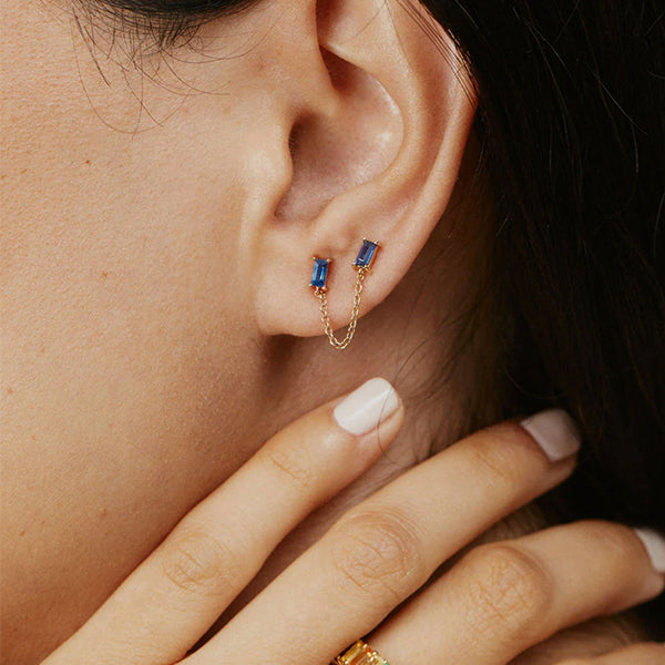 Eriness 14K Yellow Gold Single Blue Sapphire Baguette Chain Stud Earring - SBE53-YG-BS
