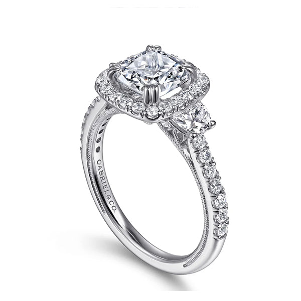 Gabriel & Co 14k White Gold Cushion Three Stone Halo Diamond Engagement Ring- ER12785W44JJ