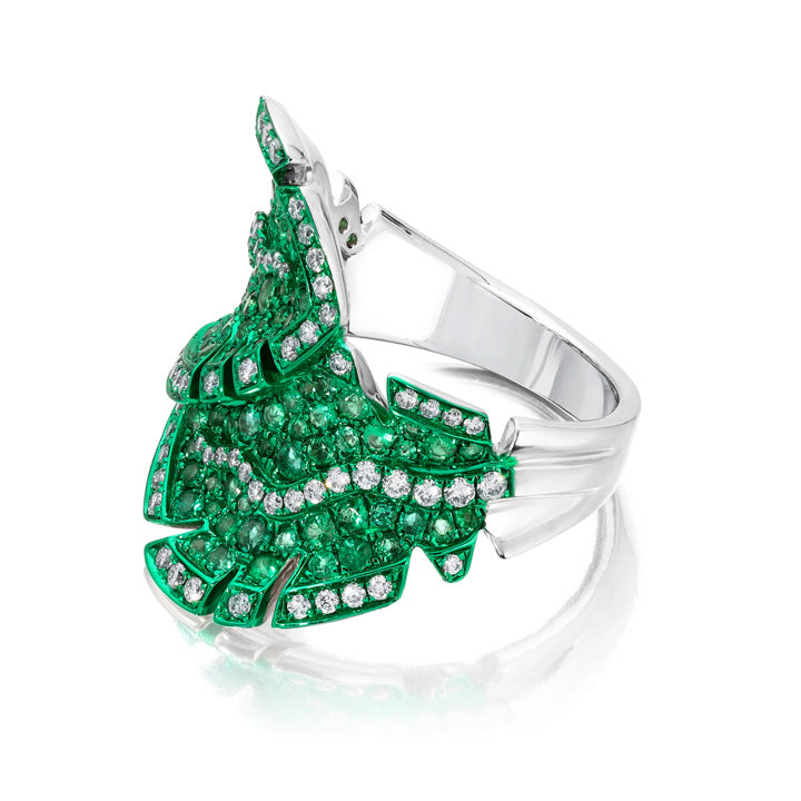 Graziela 18K Gold Green Rhodium Emerald Folha Bypass Ring