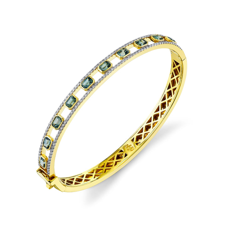 Sloane Street 18k Yellow Gold Open Green Sapphire & Diamond Bangle Bracelet - SS-B035T-GS-WDCB-Y